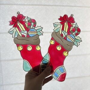 Vtg Giftco Christmas Ornament Plastic Stained Glass Stocking Window Decoration